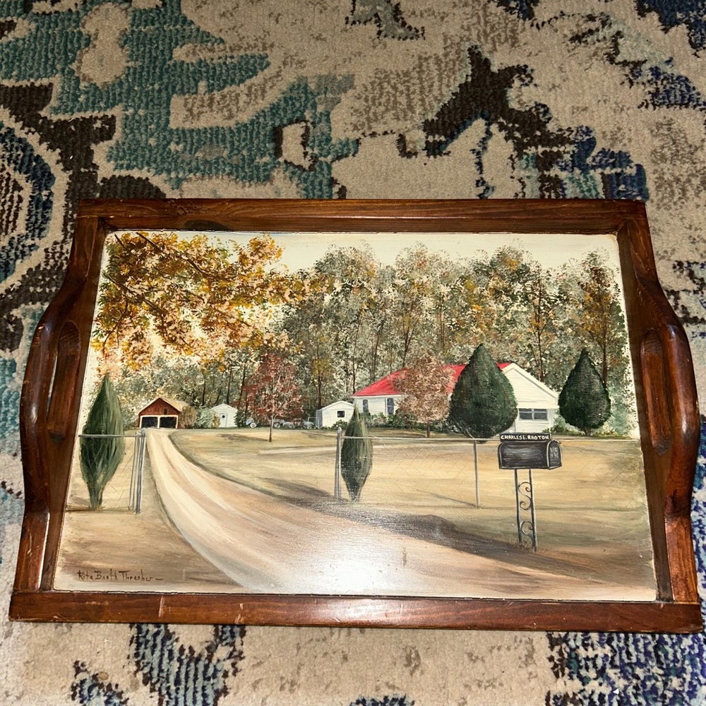 Rustic Wooden Serving Tray with Autumn Landscape